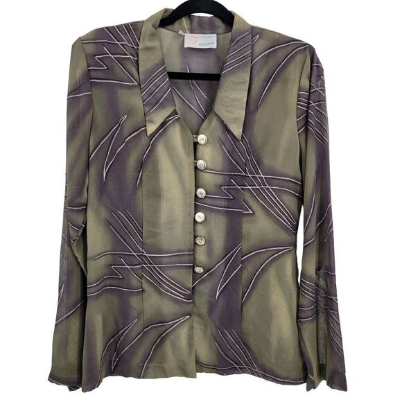 70s Blouse Artsy Disco See Through Abstract Metallic Dagger Button Sage Purple M - Picture 1 of 12